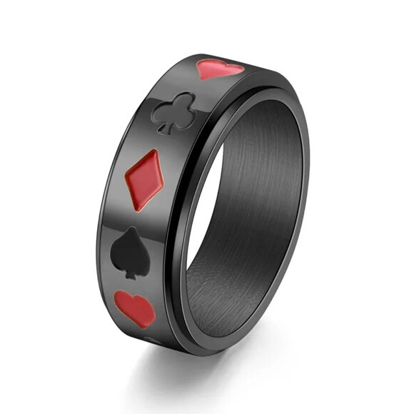 3/$35 Black Titanium Steel Poker Spinner Ring Playing Card Symbols Band Men - Picture 1 of 4